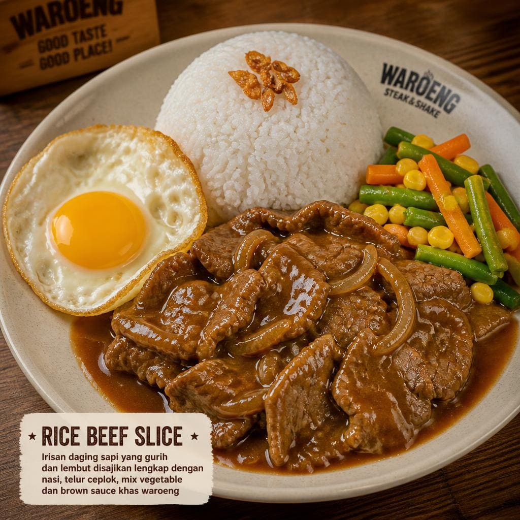 Rice Beef Slice dengan irisan daging sapi, nasi, dan saus gurih